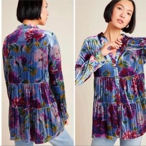 Maeve Anthropologie Velvet Burnout Floral Tiered Babydoll Blouse Size L